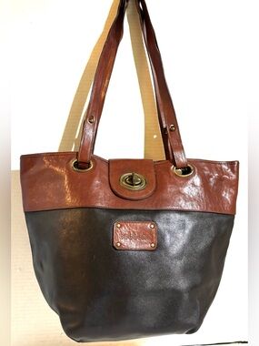 Two-Tone Brown Leather Tote Bag